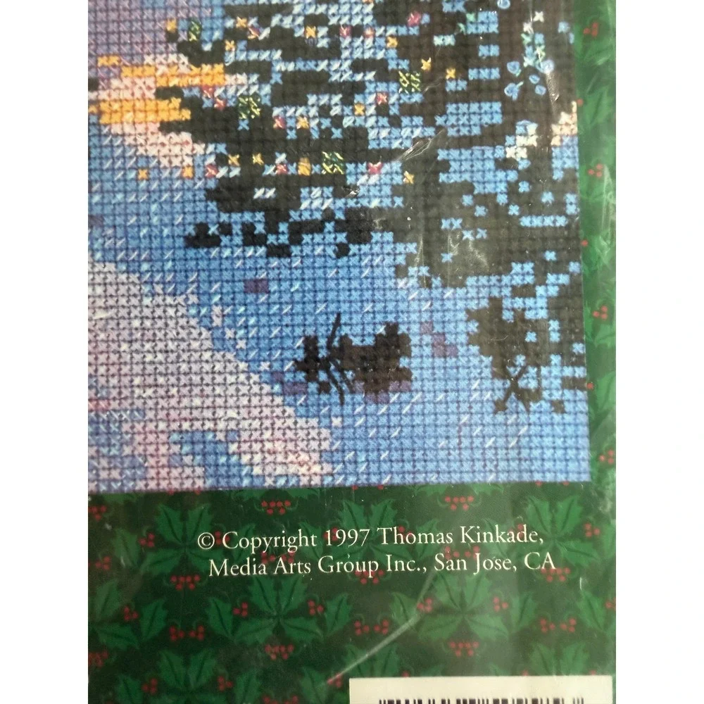 New VTG Thomas Kinkade Cross Stitch Kit 10x8 Stonehearth Hutch Snowy Scene